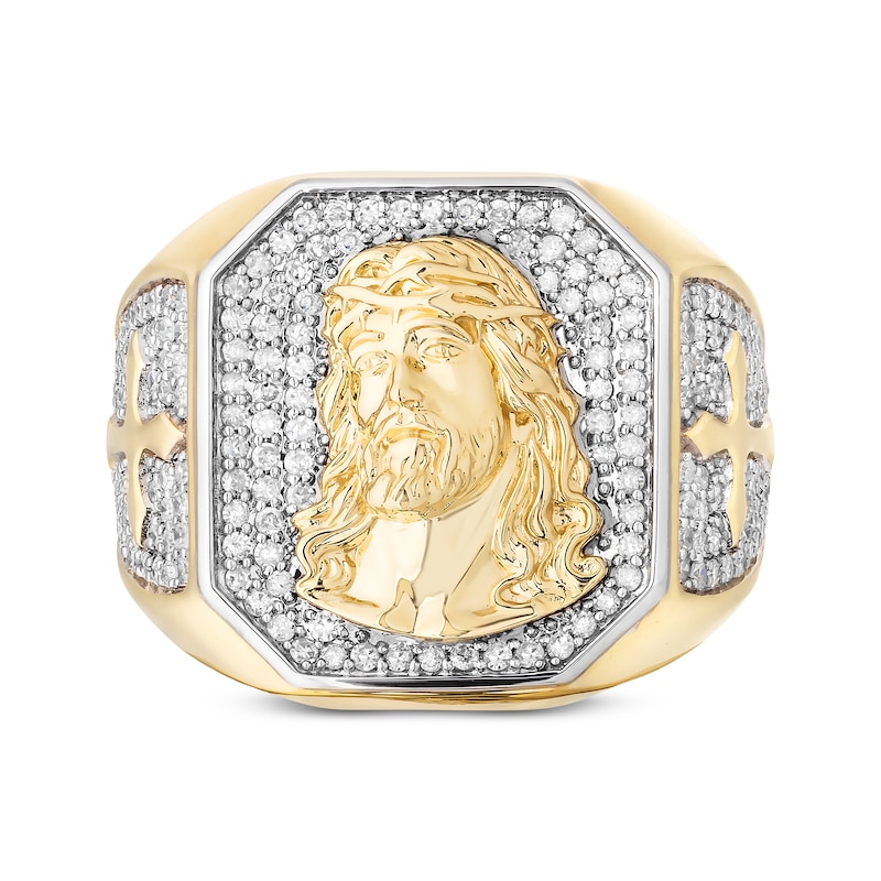Main Image 4 of Men's White & Black Diamond Face of Jesus Signet Ring 1 ct tw 10K Yellow Gold