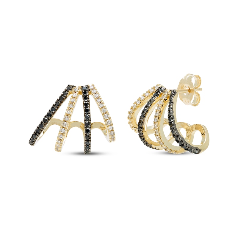 Main Image 1 of Black & White Diamond Split Multi-Row J-Hoop Earrings 1/3 ct tw 10K Yellow Gold