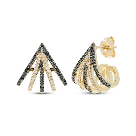 Black & White Diamond Split Multi-Row J-Hoop Earrings 1/3 ct tw 10K Yellow Gold