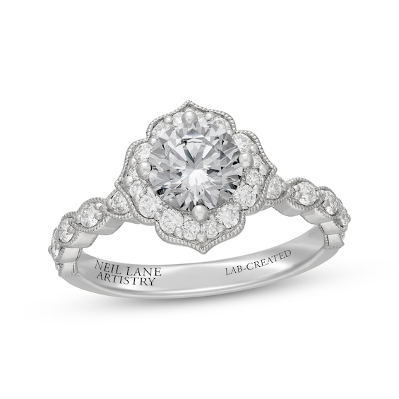 Neil Lane Artistry Heritage Round-Cut Lab-Grown Diamond Halo Engagement Ring 1-1/2 ct tw 14K White Gold