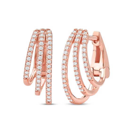 Diamond Three-Row Staggered Huggie Hoop Earrings 1/4 ct tw 10K Rose Gold
