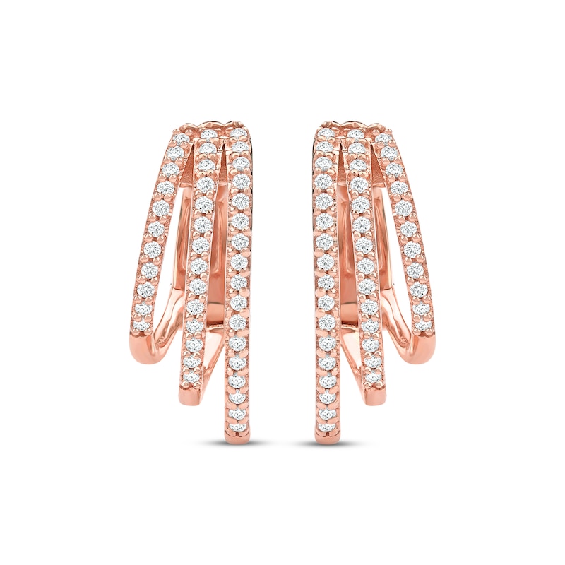 Main Image 2 of Diamond Three-Row Staggered Huggie Hoop Earrings 1/4 ct tw 10K Rose Gold