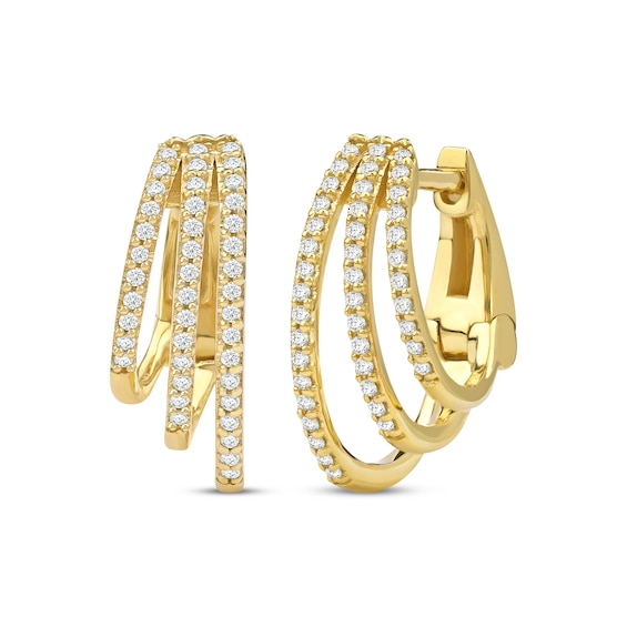 Diamond Three-Row Staggered Huggie Hoop Earrings 1/4 ct tw 10K Gold
