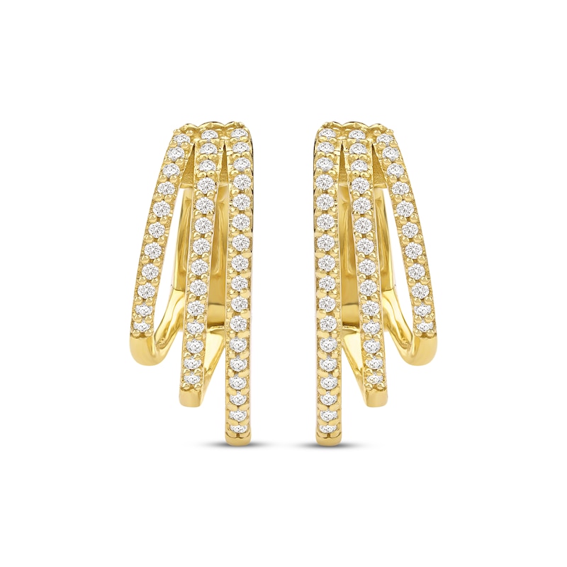 Main Image 2 of Diamond Three-Row Staggered Huggie Hoop Earrings 1/4 ct tw 10K Yellow Gold