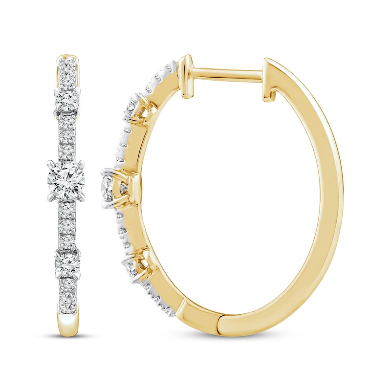 Main Image 3 of Memories, Moments, Magic Diamond Three-Stone Hoop Earrings 1/2 ct tw 10K Yellow Gold