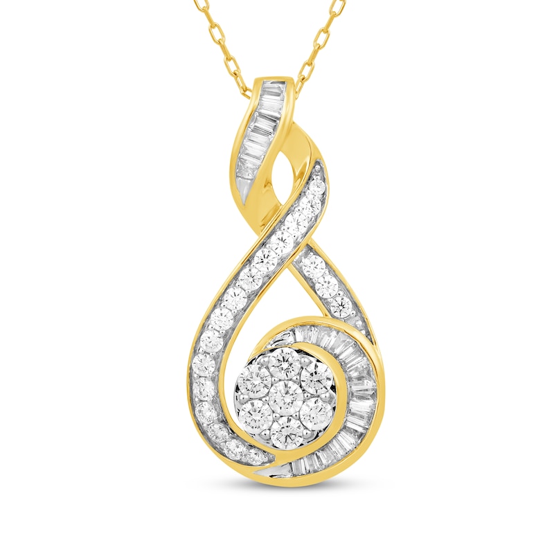 Main Image 1 of Baguette & Round-Cut DIamond Swirl Necklace 1 ct tw 10K Yellow Gold 18&quot;