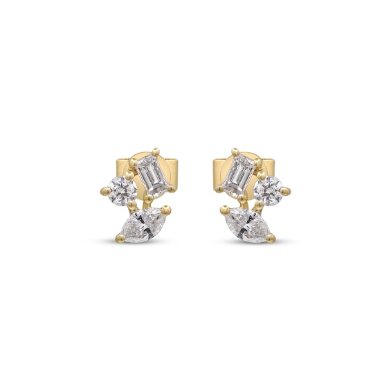 Thumbnail Image 2 of Marquise, Baguette & Round-Cut Diamond Cluster Stud Earrings 3/8 ct tw 10K Yellow Gold