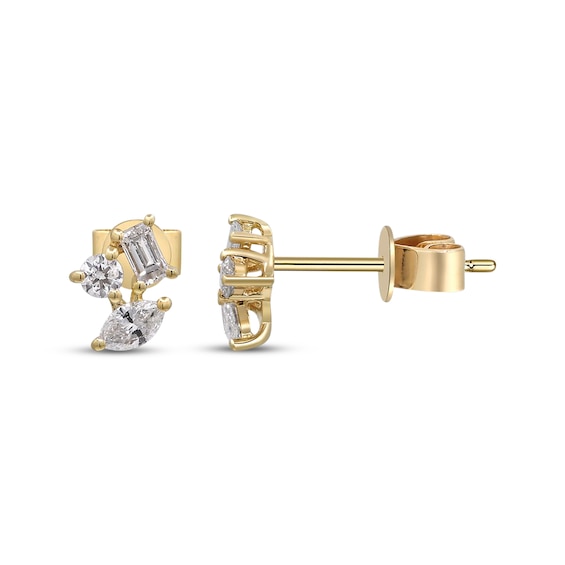 Thumbnail Image 3 of Marquise, Baguette & Round-Cut Diamond Cluster Stud Earrings 3/8 ct tw 10K Yellow Gold