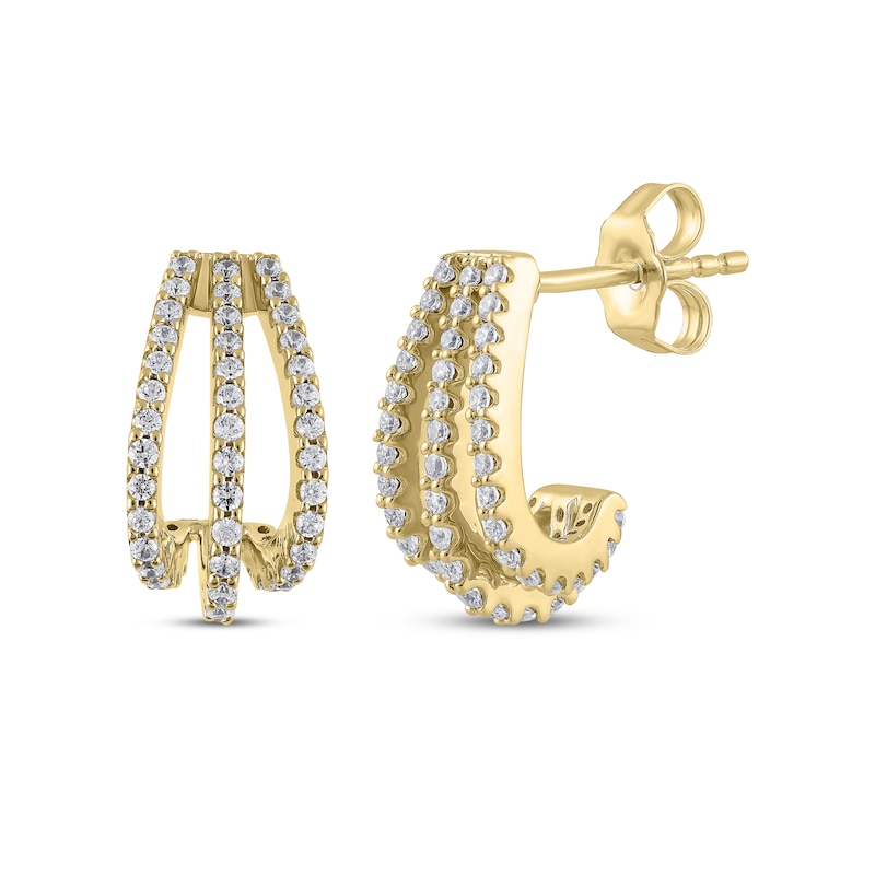 Main Image 1 of Diamond Three-Row J-Hoop Earrings 1/2 ct tw 10K Yellow Gold