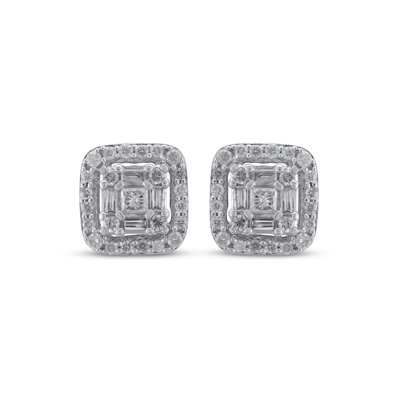 Main Image 2 of Multi-Diamond Cushion Halo Stud Earrings 1/2 ct tw 10K White Gold