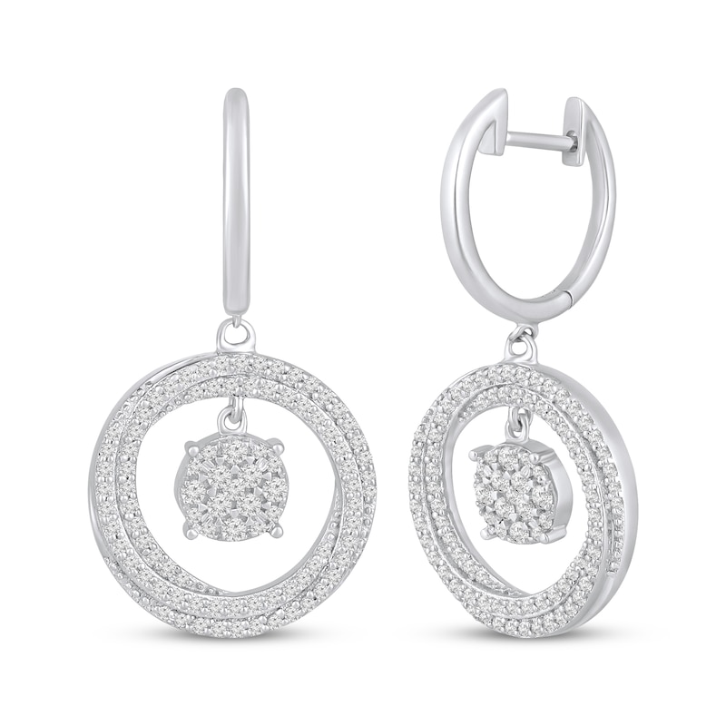 Main Image 1 of Multi-Diamond Center Circle Dangle Hoop Earrings 5/8 ct tw 10K White Gold