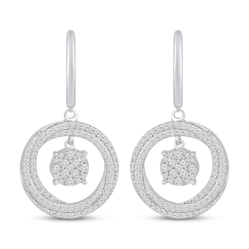 Main Image 2 of Multi-Diamond Center Circle Dangle Hoop Earrings 5/8 ct tw 10K White Gold
