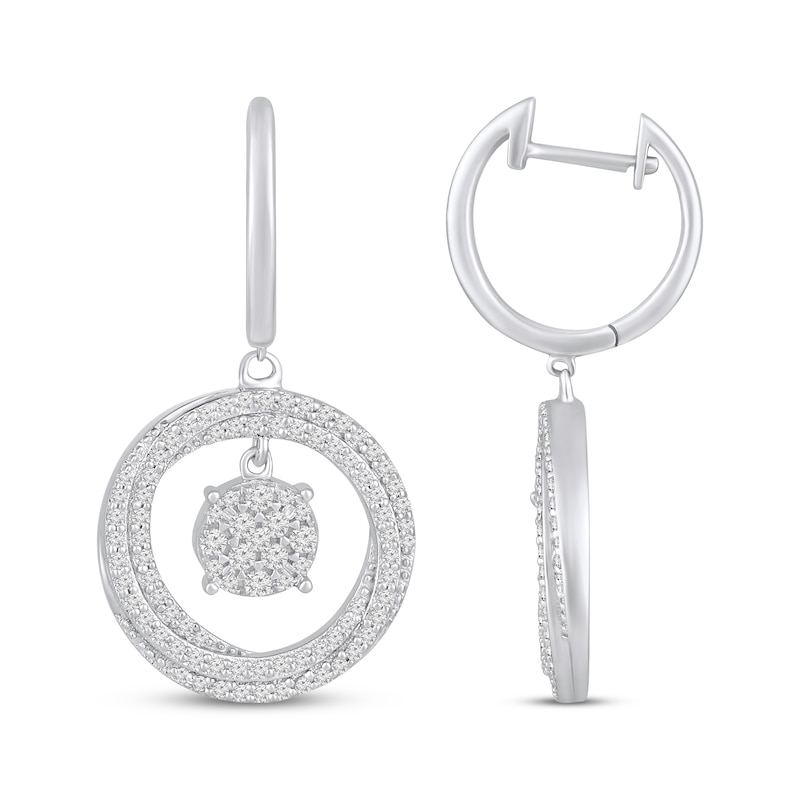 Main Image 3 of Multi-Diamond Center Circle Dangle Hoop Earrings 5/8 ct tw 10K White Gold