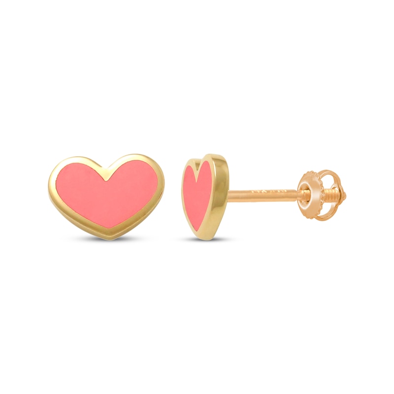 Main Image 1 of Children's Pink Enamel Heart Stud Earrings 14K Yellow Gold