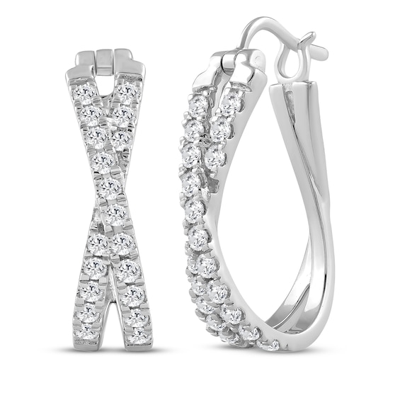 Diamond Crossover Oval Hoop Earrings 1 ct tw 10K White Gold