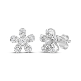 Baguette & Round-Cut Diamond Daisy Stud Earrings 1/5 ct tw 10K White Gold