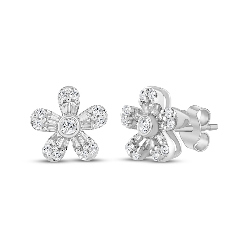 Main Image 1 of Baguette & Round-Cut Diamond Daisy Stud Earrings 1/5 ct tw 10K White Gold
