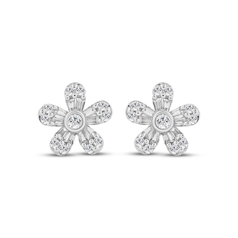 Main Image 2 of Baguette & Round-Cut Diamond Daisy Stud Earrings 1/5 ct tw 10K White Gold