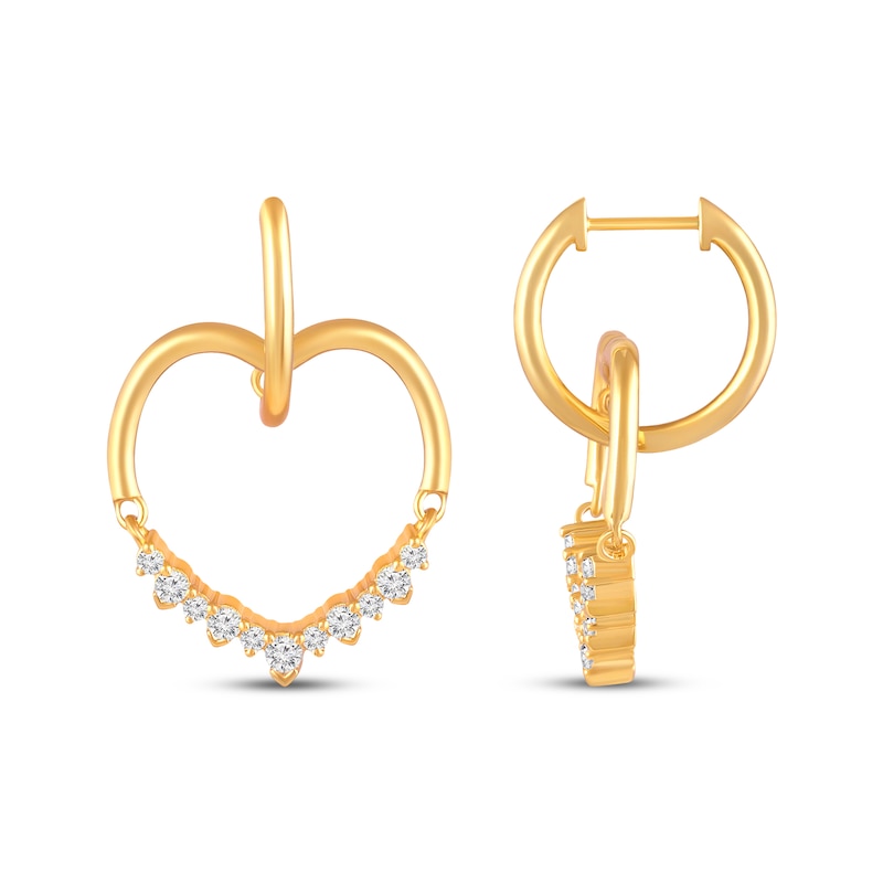 Main Image 3 of Diamond Heart Dangle Hoop Earrings 1/3 ct tw 10K Yellow Gold