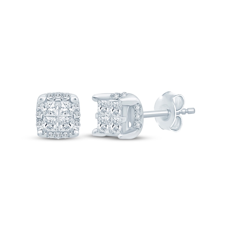 Main Image 1 of Princess-Cut Diamond Quad Cushion Halo Stud Earrings 1/4 ct tw 10K White Gold