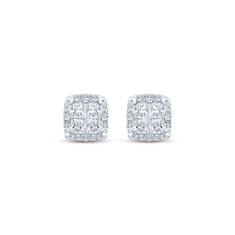 Main Image 2 of Princess-Cut Diamond Quad Cushion Halo Stud Earrings 1/4 ct tw 10K White Gold