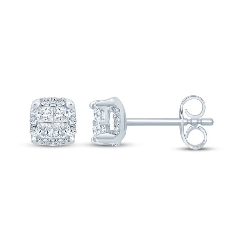 Main Image 3 of Princess-Cut Diamond Quad Cushion Halo Stud Earrings 1/4 ct tw 10K White Gold