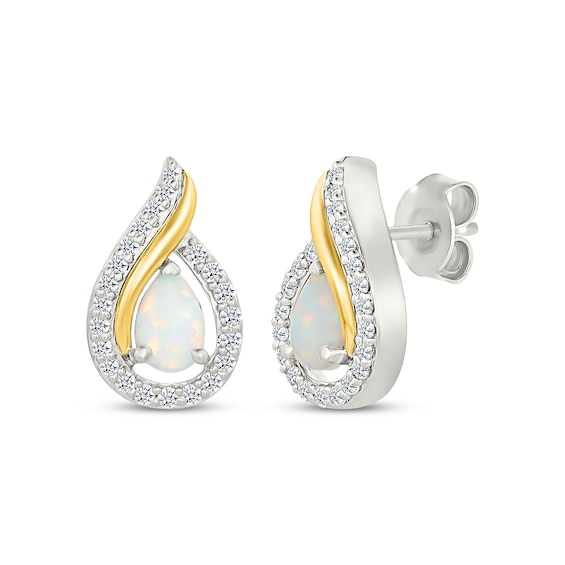 Pear-Shaped Lab-Created Opal & White Lab-Created Sapphire Flame Earrings Sterling Silver & 10K Yellow Gold