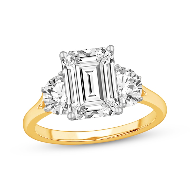 Main Image 1 of Memories Moments Magic Emerald-Cut Lab-Grown Diamond Three-Stone Engagement Ring 3-7/8 ct tw 14K Yellow Gold