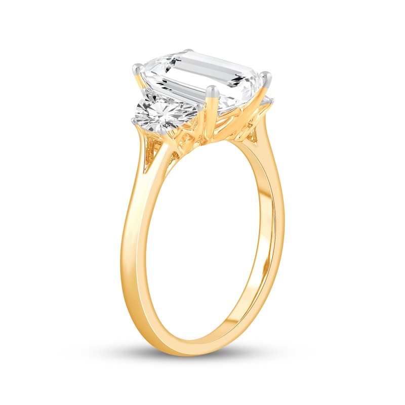 Main Image 2 of Memories Moments Magic Emerald-Cut Lab-Grown Diamond Three-Stone Engagement Ring 3-7/8 ct tw 14K Yellow Gold