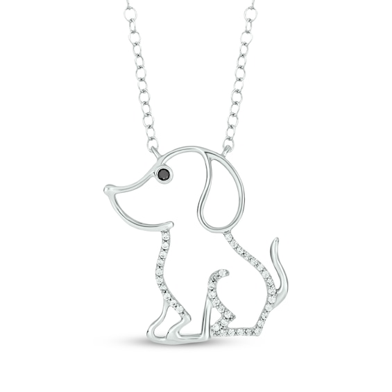 Black & White Diamond Puppy Silhouette Necklace 1/10 ct tw 10K White Gold 18"
