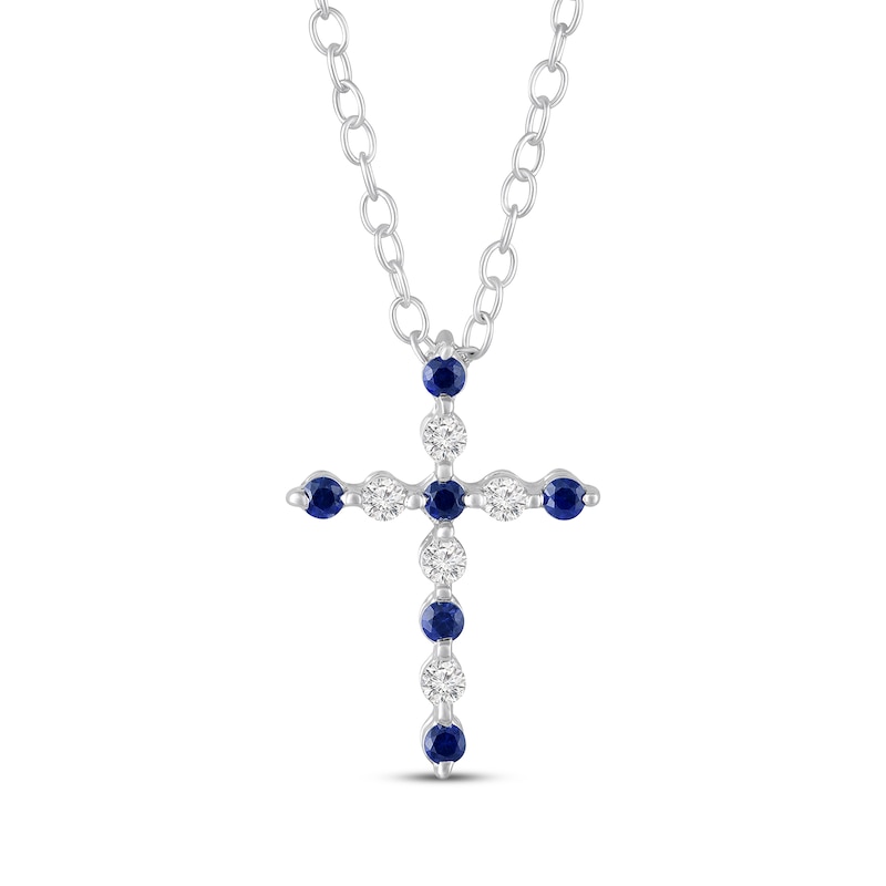 Main Image 1 of Blue & White Lab-Created Sapphire Cross Necklace Sterling Silver 18"