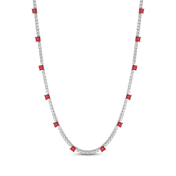 Square-Cut Lab-Created Ruby & White Lab-Created Sapphire Line Necklace Sterling Silver 18"