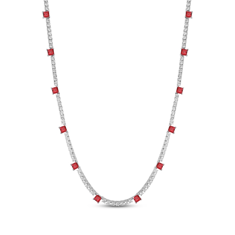 Main Image 1 of Square-Cut Lab-Created Ruby & White Lab-Created Sapphire Line Necklace Sterling Silver 18"