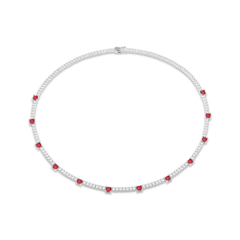 Main Image 2 of Square-Cut Lab-Created Ruby & White Lab-Created Sapphire Line Necklace Sterling Silver 18"