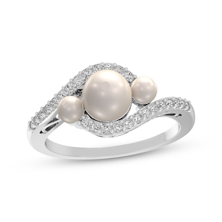 Cultured Pearl & White Lab-Created Sapphire Three-Stone Bypass Ring Sterling Silver