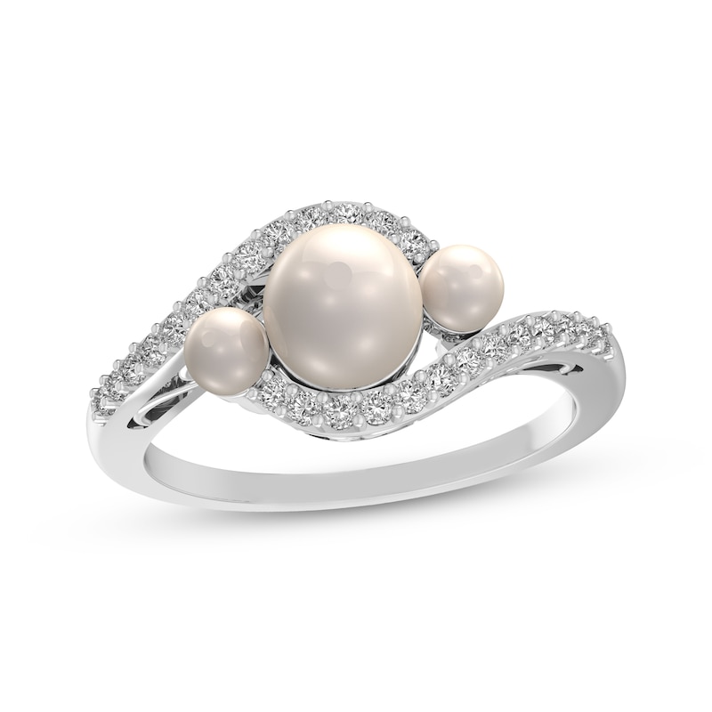 Main Image 1 of Cultured Pearl & White Lab-Created Sapphire Three-Stone Bypass Ring Sterling Silver