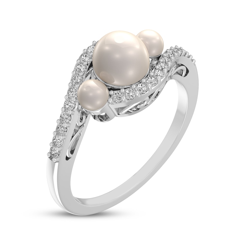 Main Image 2 of Cultured Pearl & White Lab-Created Sapphire Three-Stone Bypass Ring Sterling Silver