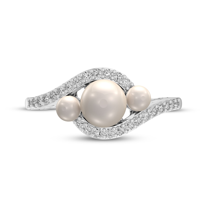 Main Image 3 of Cultured Pearl & White Lab-Created Sapphire Three-Stone Bypass Ring Sterling Silver