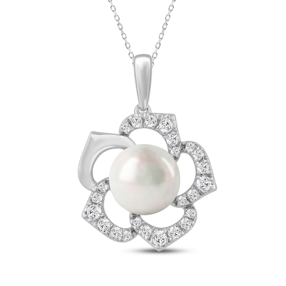 Cultured Pearl & White Lab-Created Sapphire Flower Necklace Sterling Silver 18"
