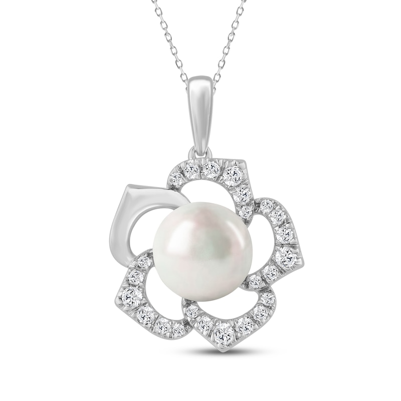 Main Image 1 of Cultured Pearl & White Lab-Created Sapphire Flower Necklace Sterling Silver 18"