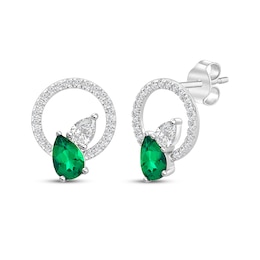 Pear-Shaped Lab-Created Emerald & White Lab-Created Sapphire Circle Earrings Sterling Silver