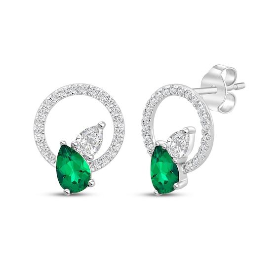 Pear-Shaped Lab-Created Emerald & White Lab-Created Sapphire Circle Earrings Sterling Silver