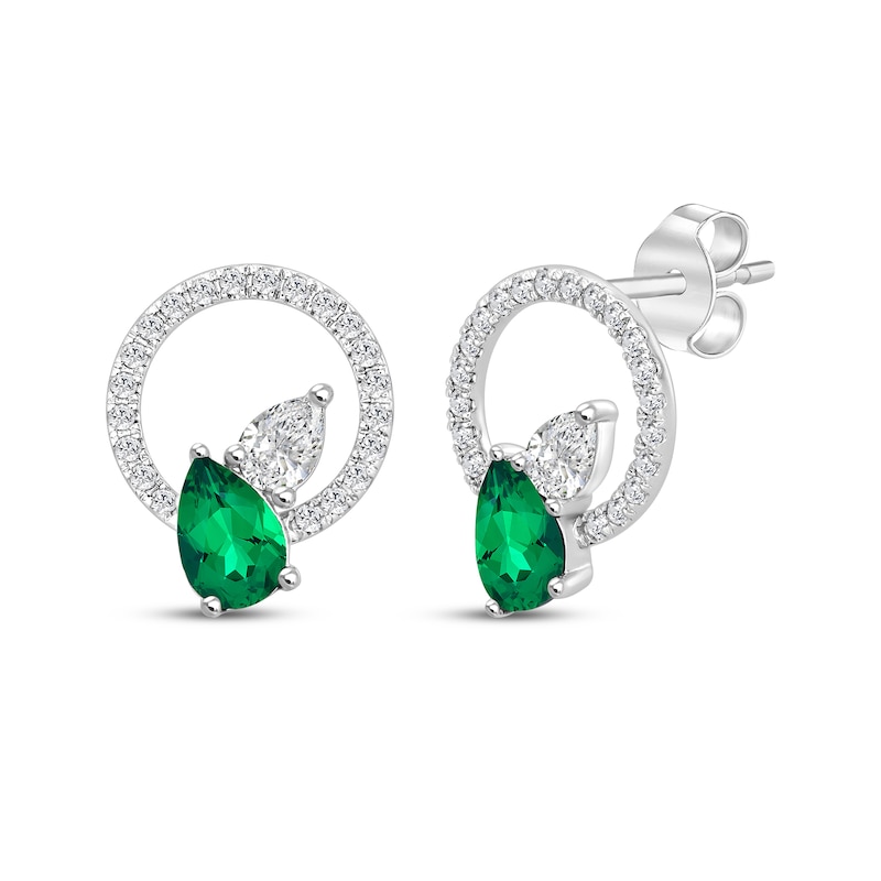 Main Image 1 of Pear-Shaped Lab-Created Emerald & White Lab-Created Sapphire Circle Earrings Sterling Silver