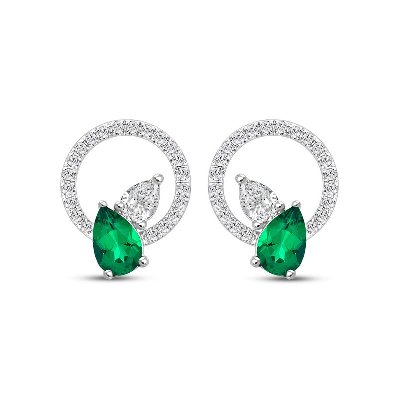 Main Image 2 of Pear-Shaped Lab-Created Emerald & White Lab-Created Sapphire Circle Earrings Sterling Silver