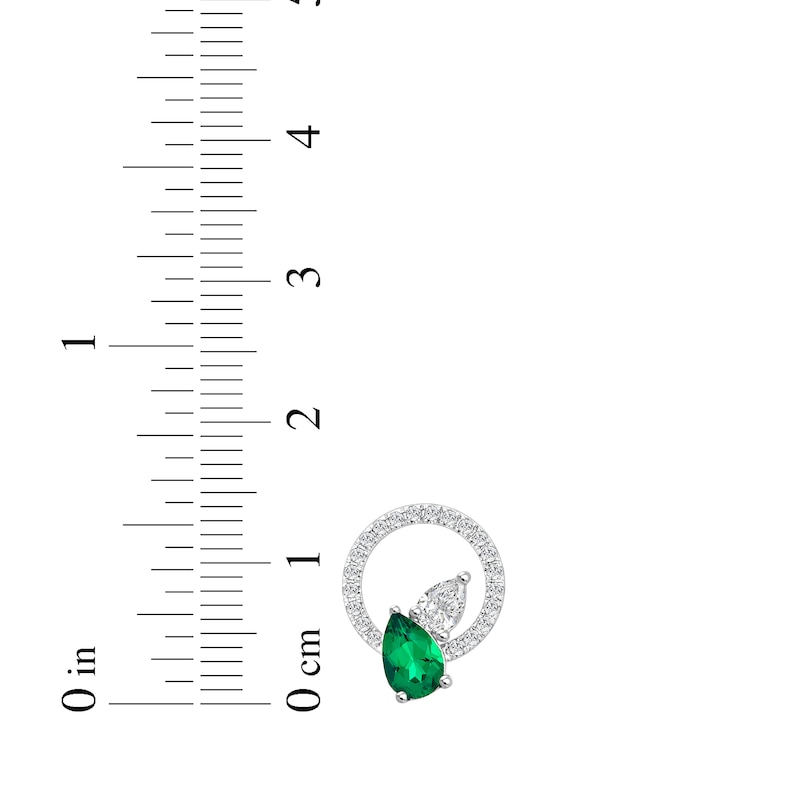 Main Image 3 of Pear-Shaped Lab-Created Emerald & White Lab-Created Sapphire Circle Earrings Sterling Silver