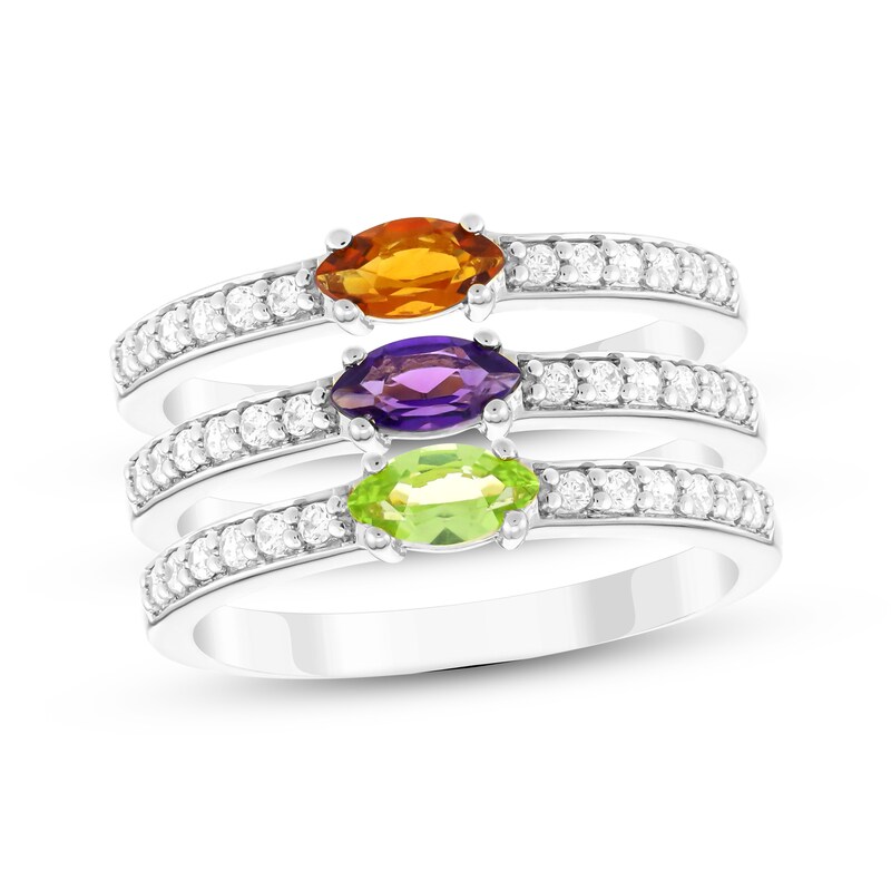 Main Image 1 of Marquise-Cut Peridot, Amethyst, Citrine & White Lab-Created Sapphire Stackable Three-Ring Set Sterling Silver
