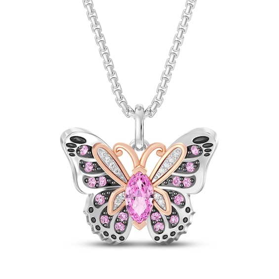 Wicked: For Good Pink Lab-Created Sapphire & Lab-Grown Diamond Butterfly Necklace 1/15 ct tw Sterling SIlver & 18K Rose Gold Vermeil Plating 18"