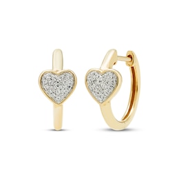 Diamond Heart Huggie Hoop Earrings 1/10 ct tw Round-cut 10K Yellow Gold
