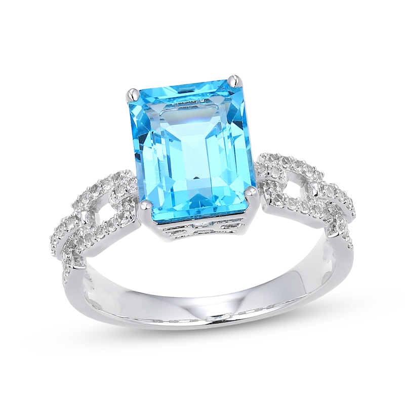 Main Image 1 of Emerald-Cut Swiss Blue Topaz & White Lab-Created Sapphire Link Ring Sterling Silver