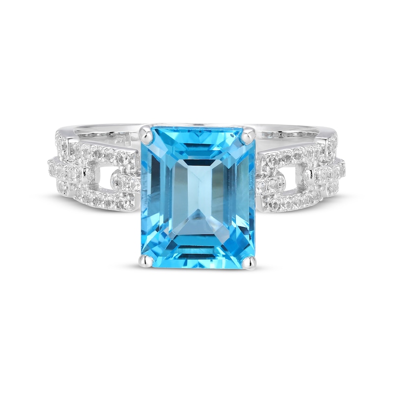 Main Image 3 of Emerald-Cut Swiss Blue Topaz & White Lab-Created Sapphire Link Ring Sterling Silver